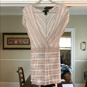 V neck top, gold/tan and white striped